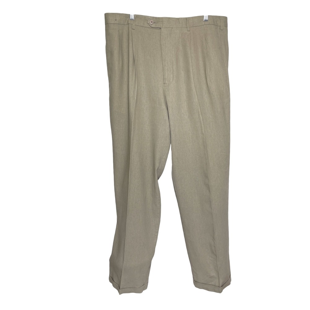 Trust Mens Khaki Linen Blend Lined Pleated Cuffed Trousers Pants 40x30 Dark Tan